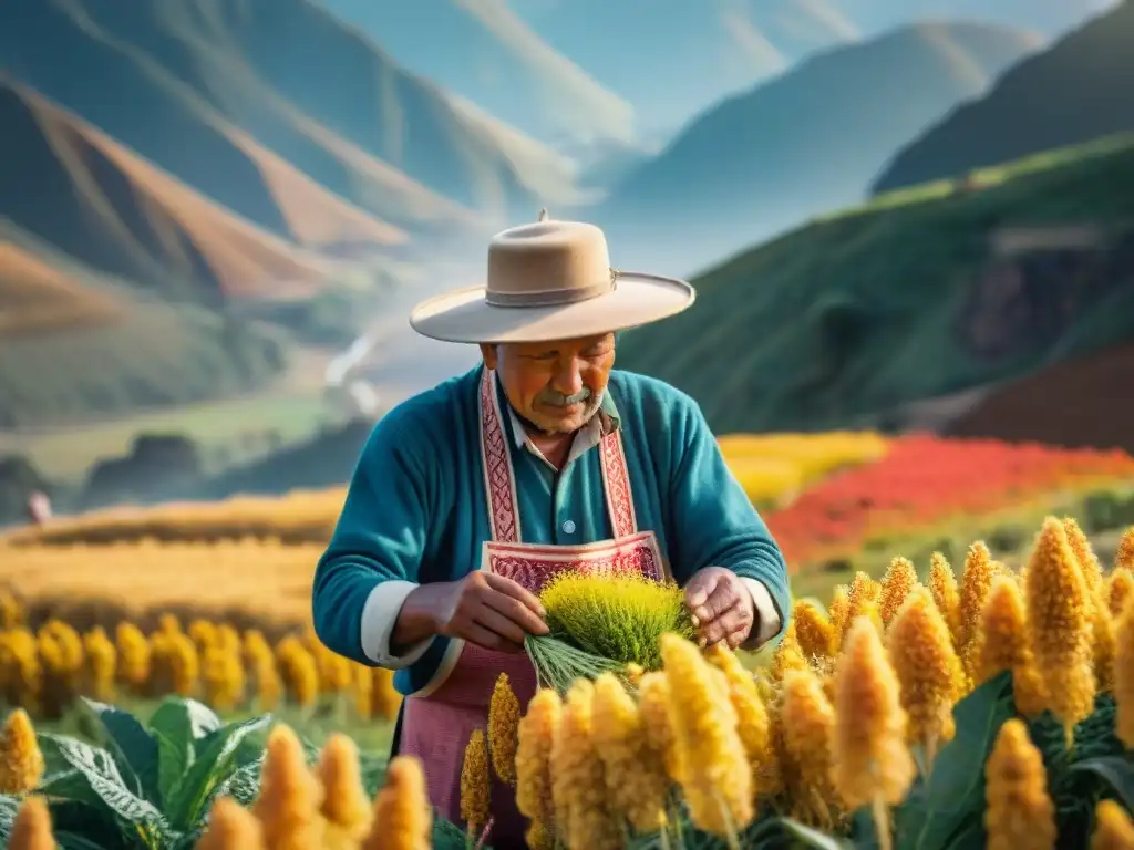 Un agricultor peruano cosechando quinua dorada bajo el sol andino, con campos extensos y llamas cerca