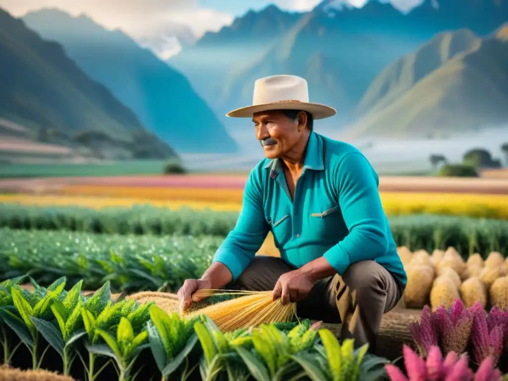 Un agricultor peruano cosechando quinua con los Andes de fondo