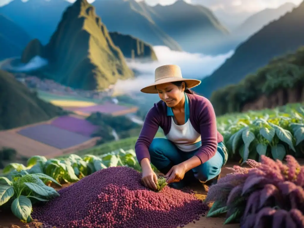 Cosecha tradicional de quinua morada en Perú Un agricultor peruano cosechando quinua morada bajo el sol, resaltando la importancia de ingredientes autóctonos peruanos