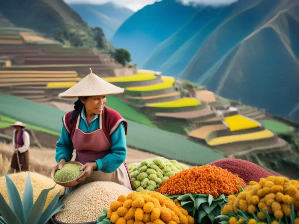 Un agricultor peruano cosechando quinua orgánica bajo el sol andino