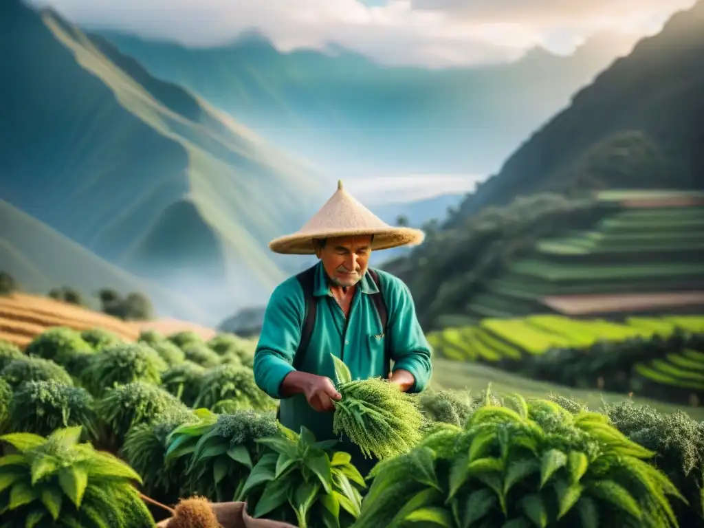 Un agricultor peruano cosechando quinua en los Andes, tradición y gastronomía peruana quinua recetas tradicionales