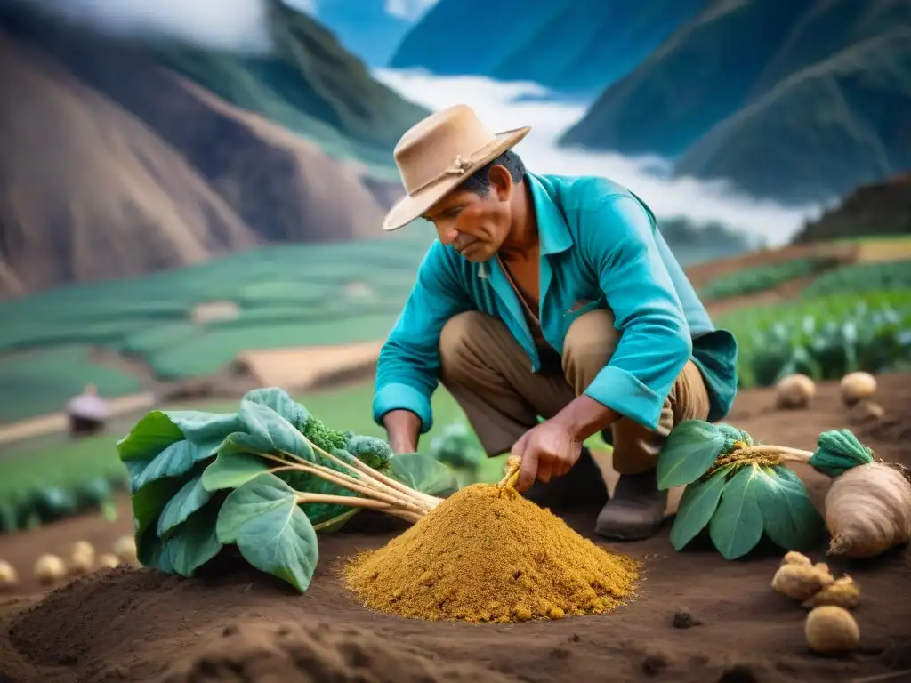 Un agricultor peruano cosecha raíces frescas de maca en los Andes, destacando la conexión con la tierra y la cultura