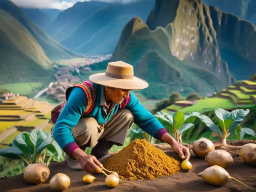 Un agricultor peruano cosecha raíces de maca andina en los Andes