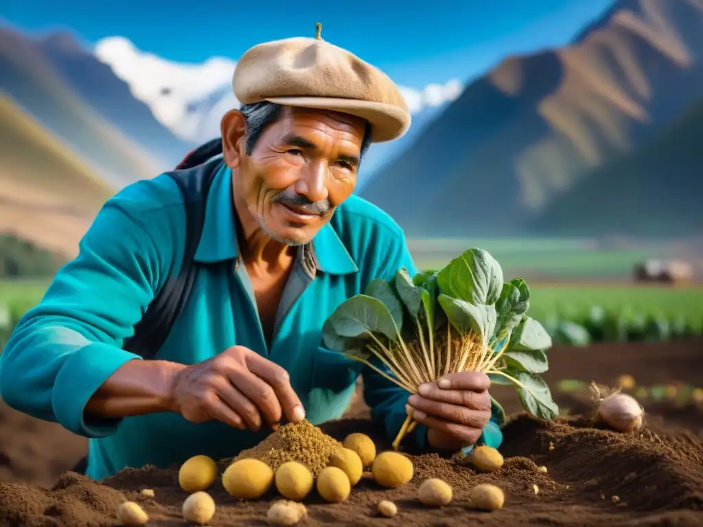 Un agricultor peruano cosechando raíces de maca en los Andes, mostrando la preparación de la bebida energizante maca