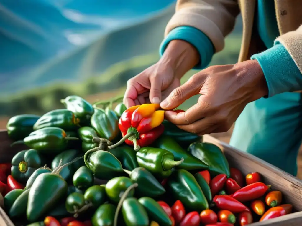 Un agricultor peruano selecciona rocotos maduros en los Andes, destacando la conexión con la tierra