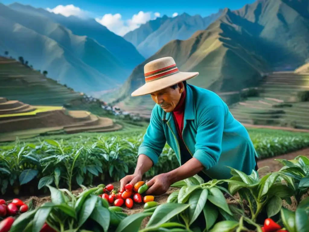 Un agricultor peruano selecciona rocotos rojos en los Andes