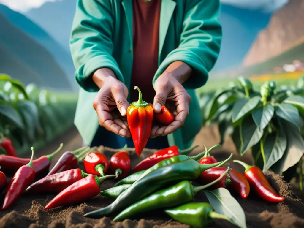 Un agricultor peruano selecciona ajíes rojos en un campo soleado, destacando la Importancia del ají en Perú