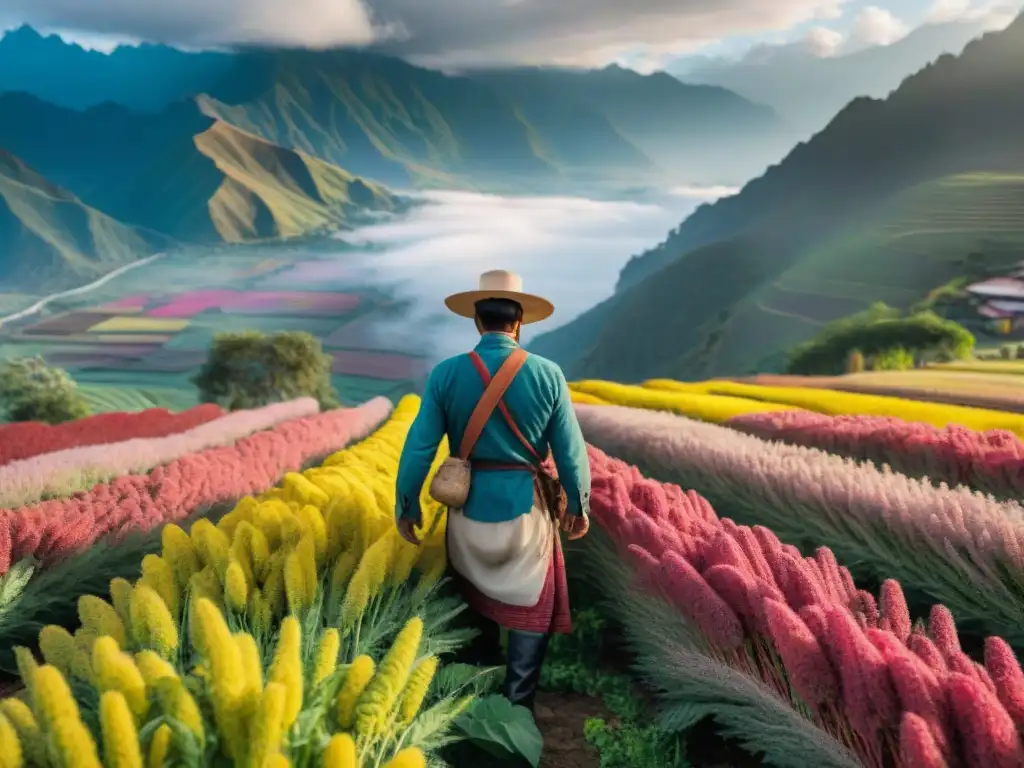 Un agricultor peruano viste ropa tradicional, cuidando un campo de quinua con los Andes al fondo