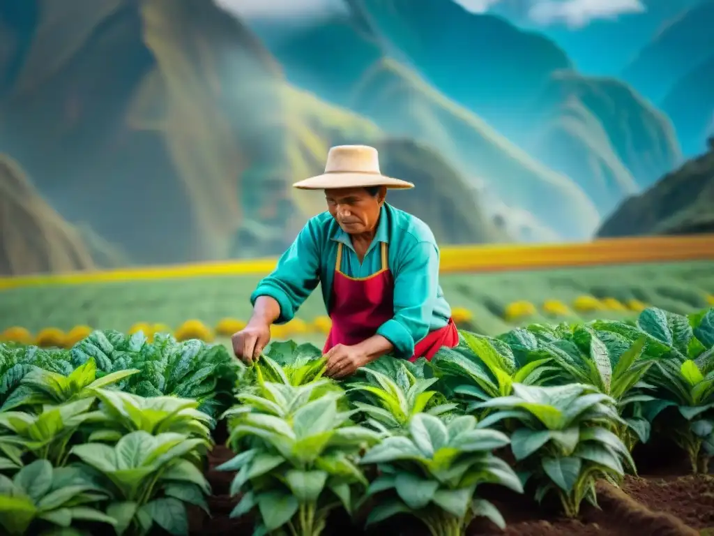 Un agricultor peruano viste ropa tradicional cuidando plantas de huacatay en un campo andino soleado, con montañas de fondo