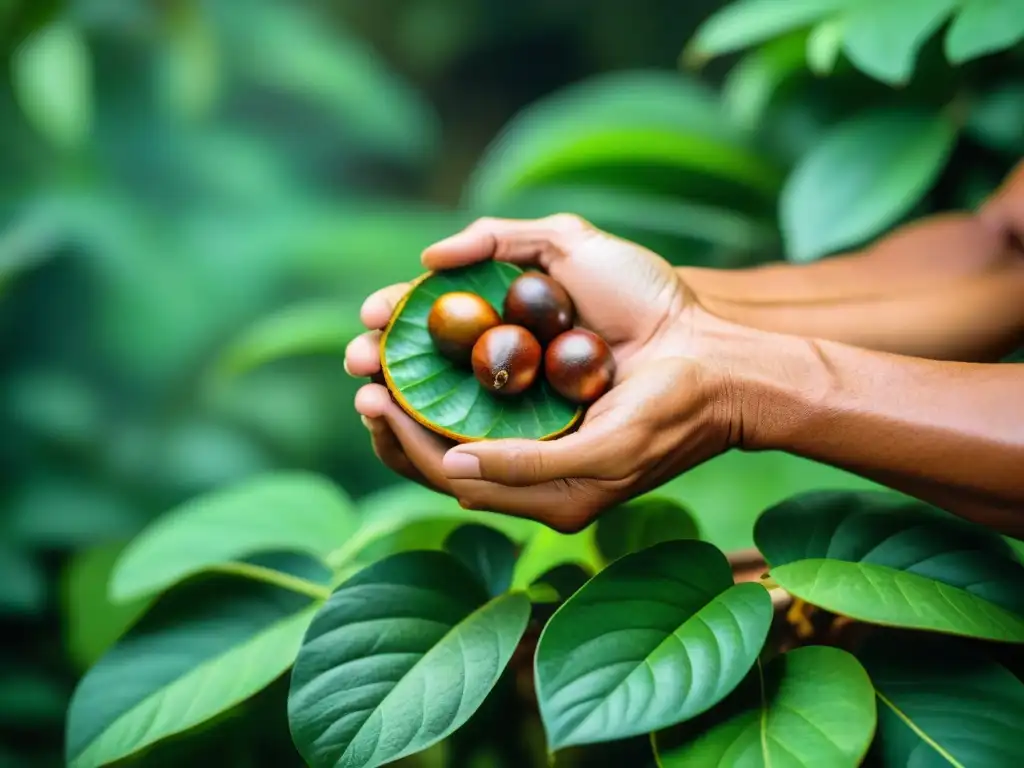 Un agricultor peruano cosechando sacha inchi en la selva amazónica, destacando su forma estrellada