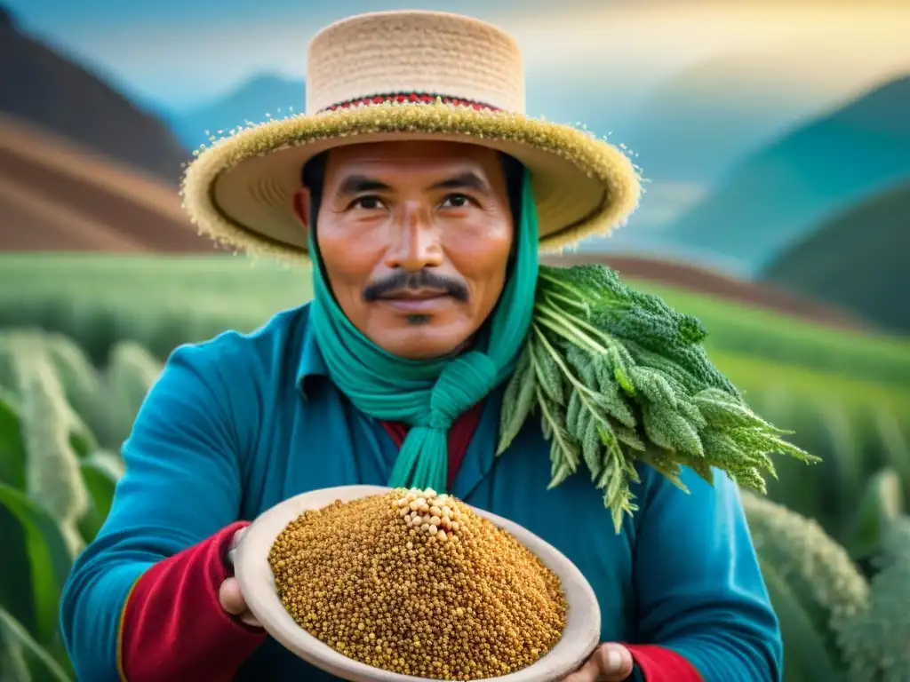 Un agricultor peruano sosteniendo semillas de quinua en campos verdes, bajo cielo azul