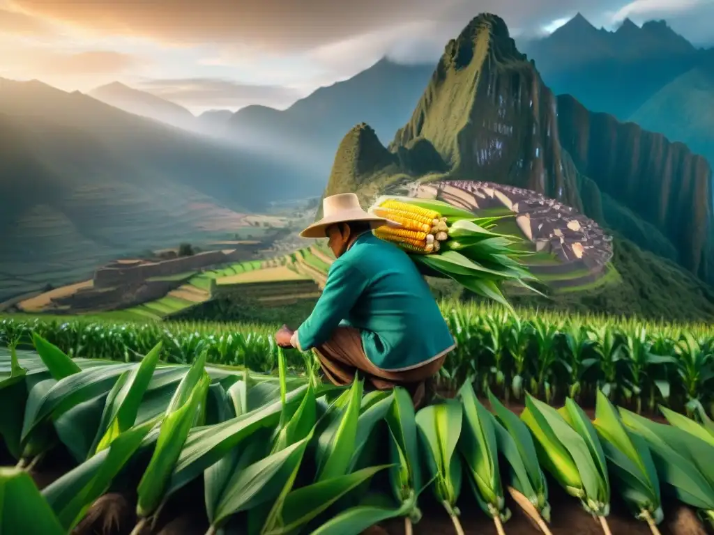 Un agricultor peruano cosechando maíz cancha serrana en los Andes, resaltando la conexión con la tierra y la tradición