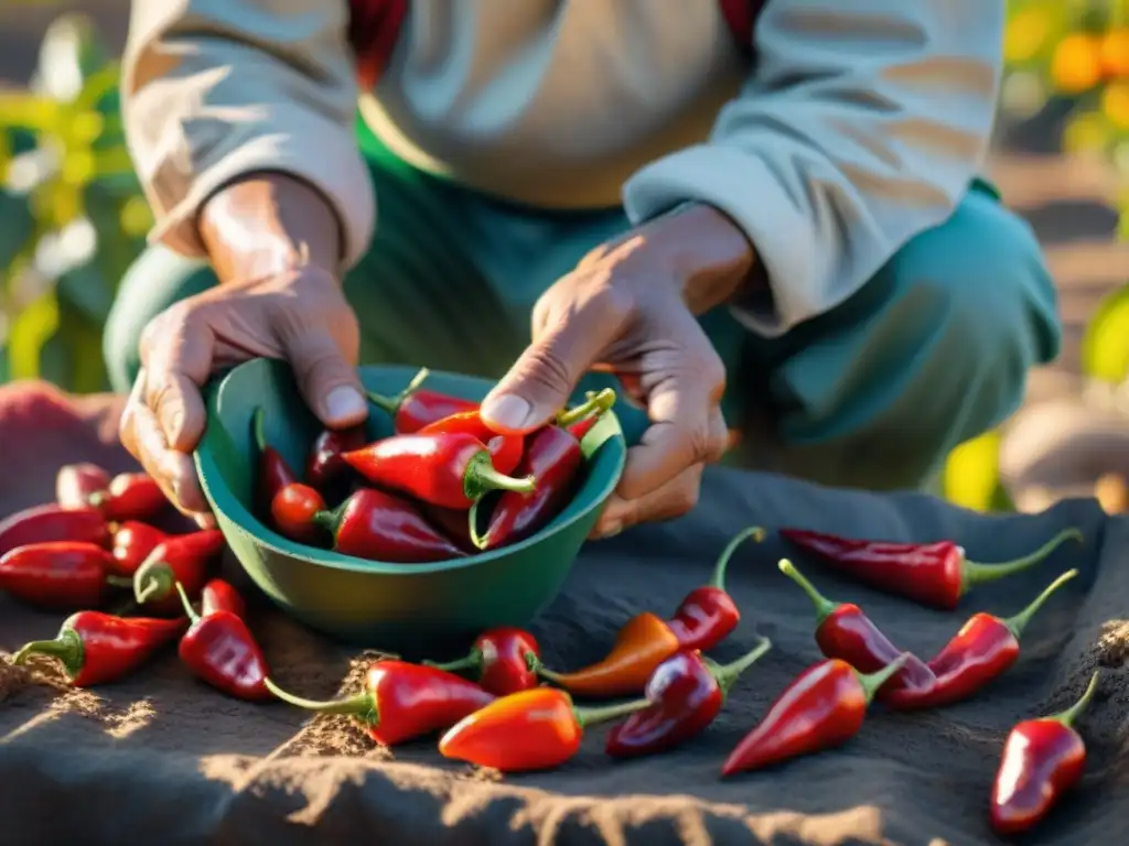 Un agricultor peruano cosechando ajíes Cusqueños bajo el sol dorado de los Andes