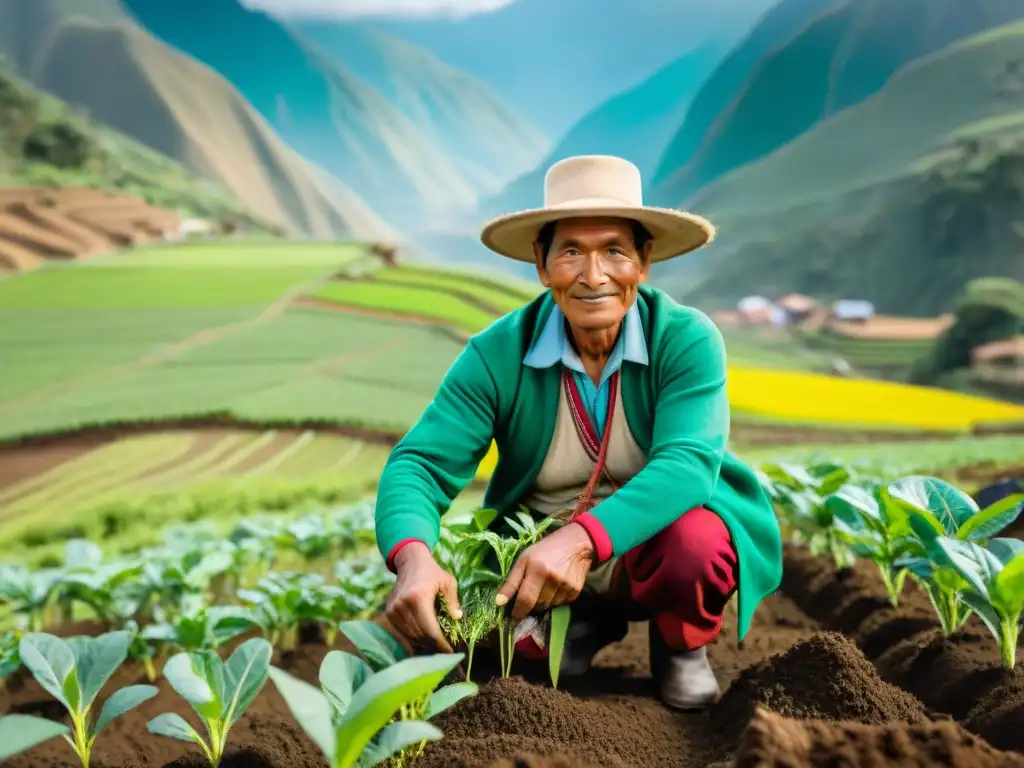 Un agricultor peruano planta plántulas en suelo fértil, mostrando compromiso con la agricultura sostenible