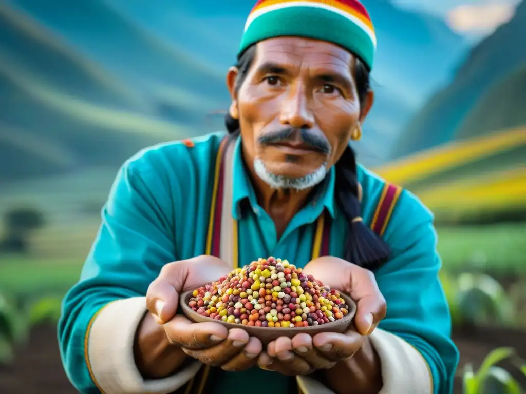 Un agricultor peruano sostiene con ternura semillas ancestrales de la gastronomía peruana en un campo vibrante