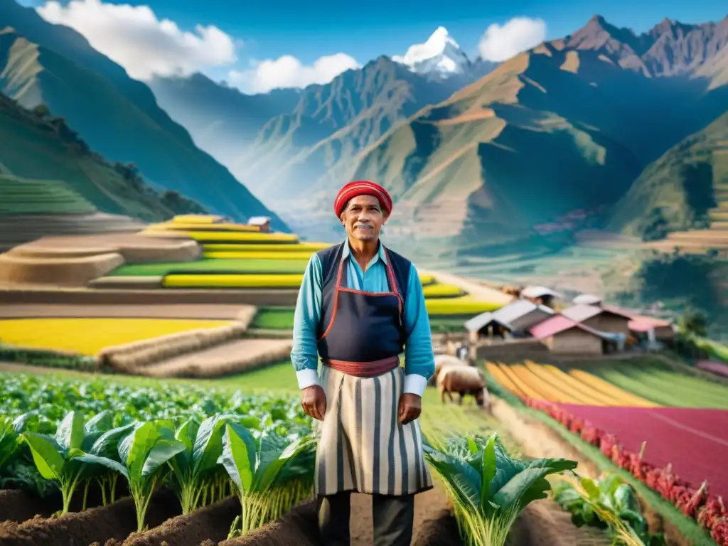 Un agricultor peruano en terrazas andinas, cultivando quinoa, papas y maíz