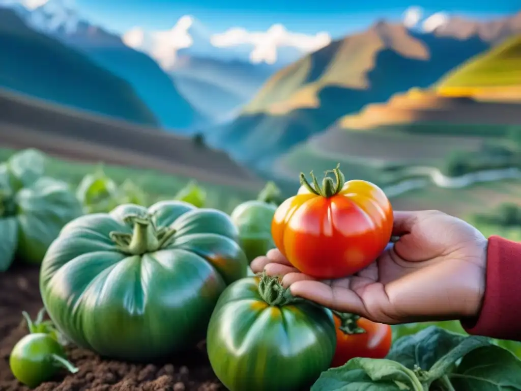 Un agricultor peruano cosechando tomates biodinámicos en los Andes, conectando la tierra con la cocina peruana