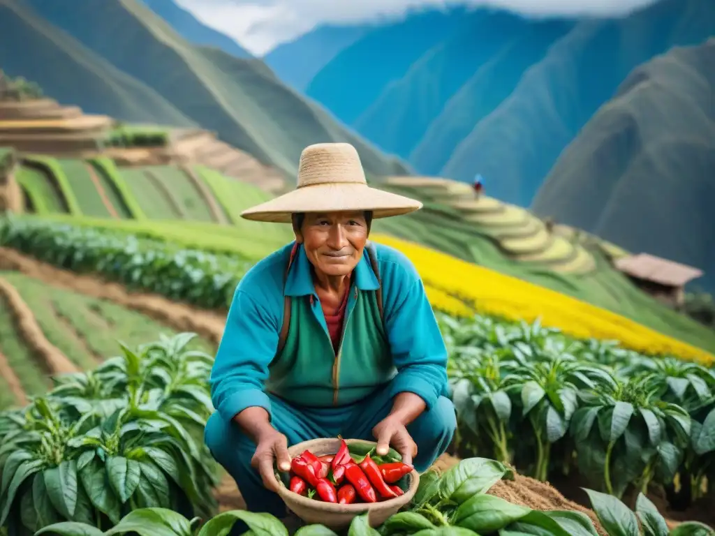 Un agricultor peruano tradicional cosechando ajíes rojos en los Andes