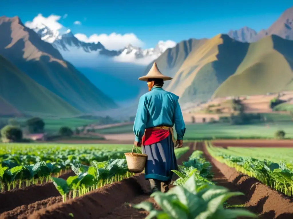 Un agricultor peruano tradicional plantando cultivos nativos en un campo vibrante cerca de los Andes