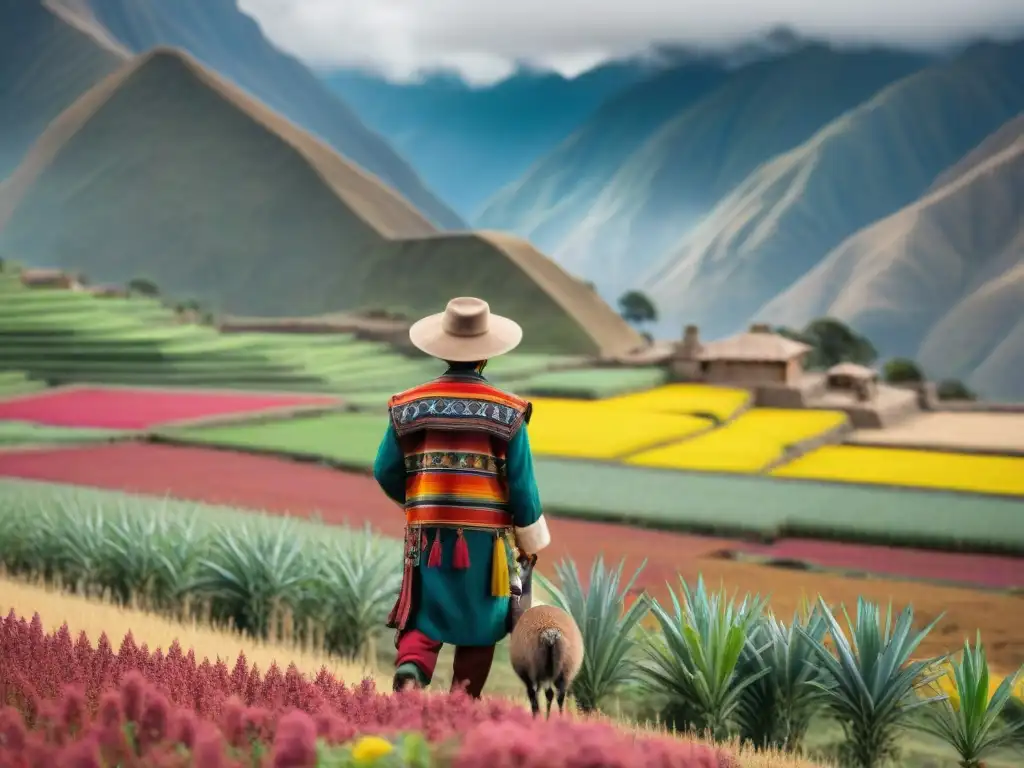 Un agricultor peruano en traje inca cultiva quinua con los Andes de fondo