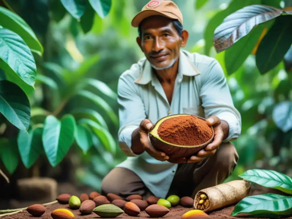 Un agricultor peruano en traje tradicional cosechando cacao en la selva, mostrando el proceso elaboración chocolate peruano