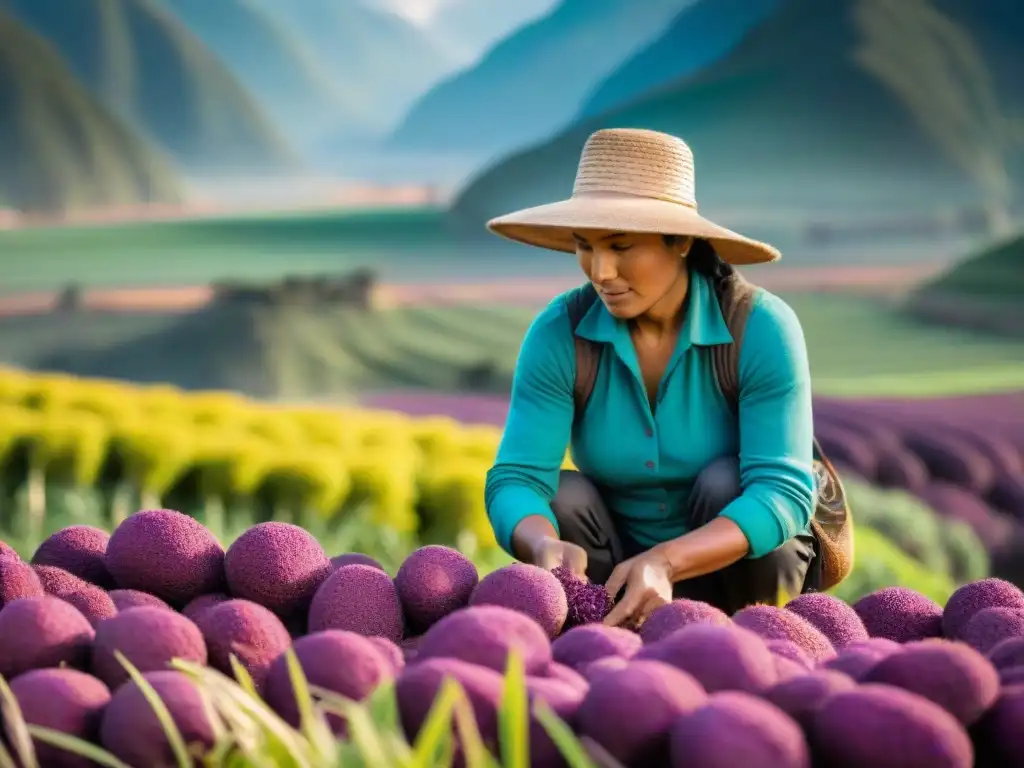 Un agricultor peruano cosechando tubérculos morados rodeado de campos de quinua con montañas andinas al fondo