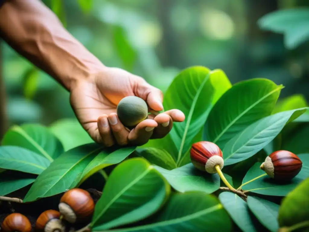 Un agricultor peruano selecciona cuidadosamente vainas de sacha inchi maduro en la selva amazónica