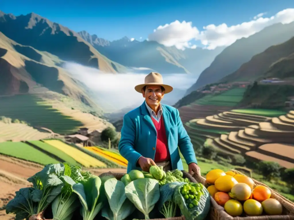 Un agricultor peruano en el Valle Sagrado cosecha productos orgánicos rodeado de coloridas frutas y verduras