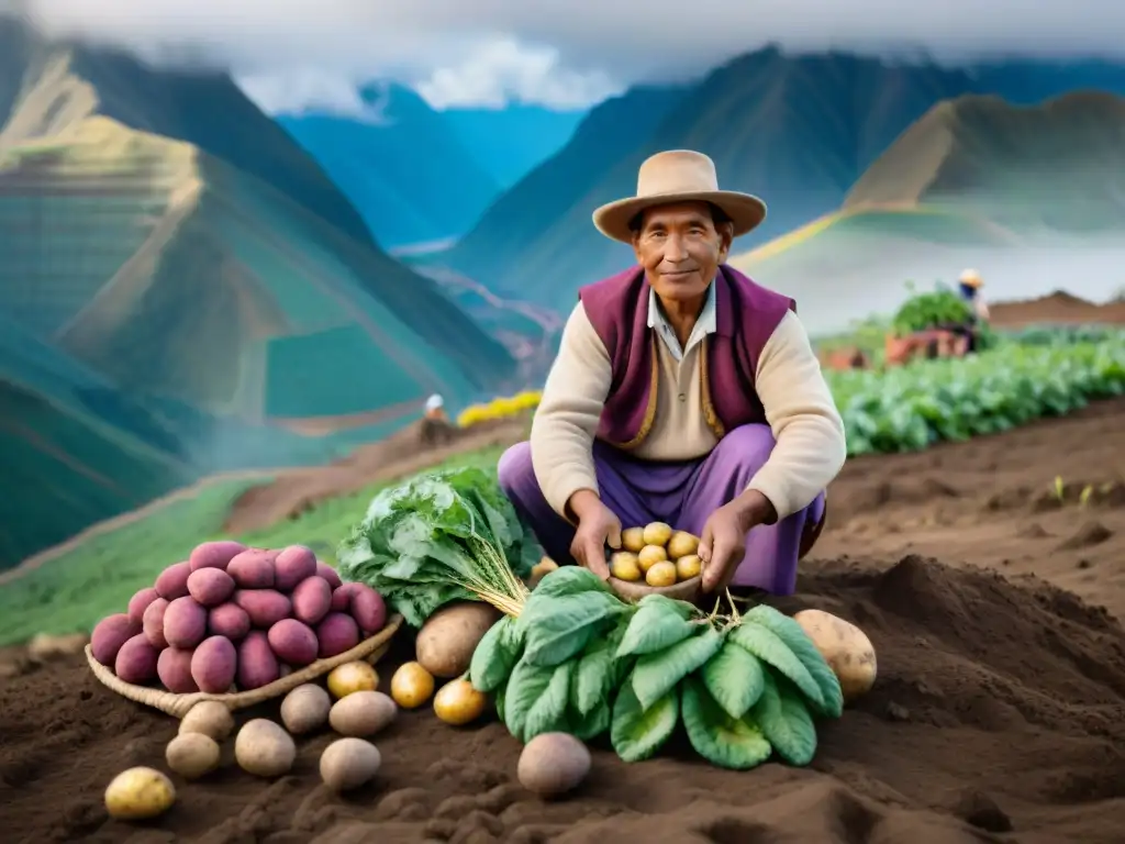 Un agricultor peruano cosechando variedades de papas peruanas autóctonas en los Andes