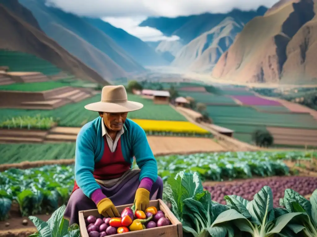 Un agricultor peruano cosechando vegetales orgánicos en Valle Sagrado, rodeado de productos frescos