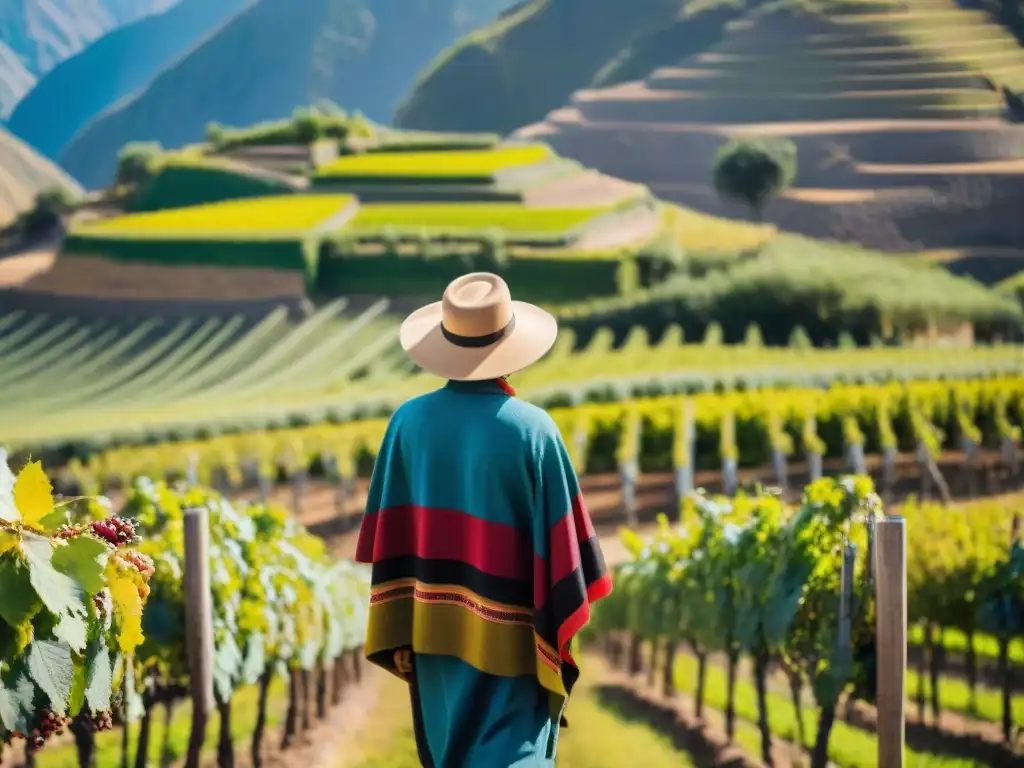 Un agricultor peruano inspeccionando viñedos, reflejando la esencia de la producción de Pisco y Vino en Perú