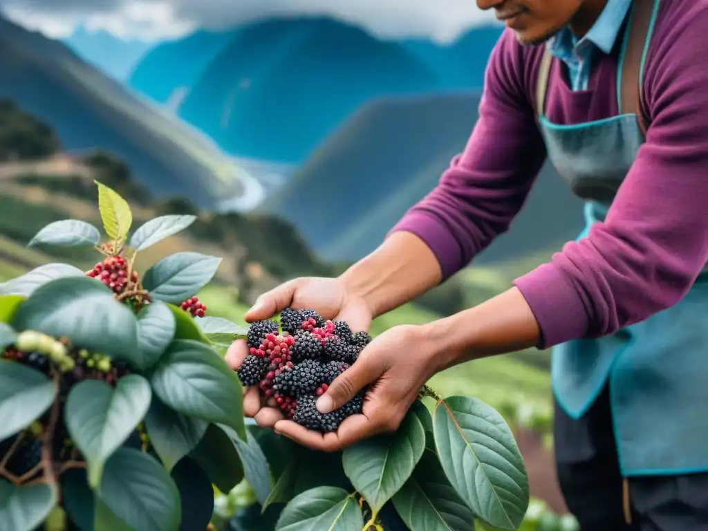 Recolecta ancestral de maqui berries en los Andes Un agricultor peruano recolecta bayas maqui en los Andes