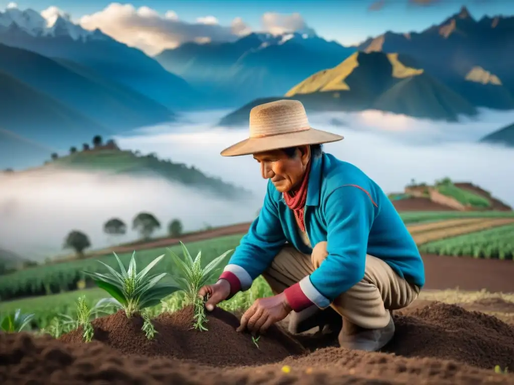 Un agricultor tradicional peruano planta semillas vibrantes de quinua en los Andes