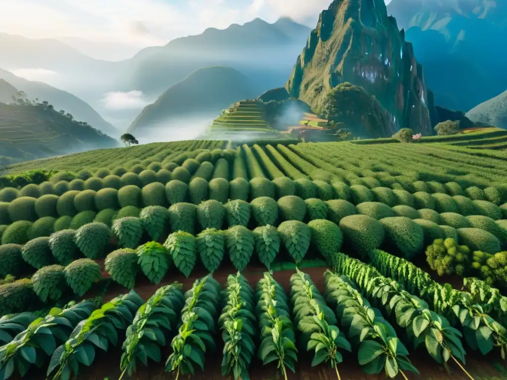 Plantación de sacha inchi en Perú con agricultores andinos cuidando los cultivos