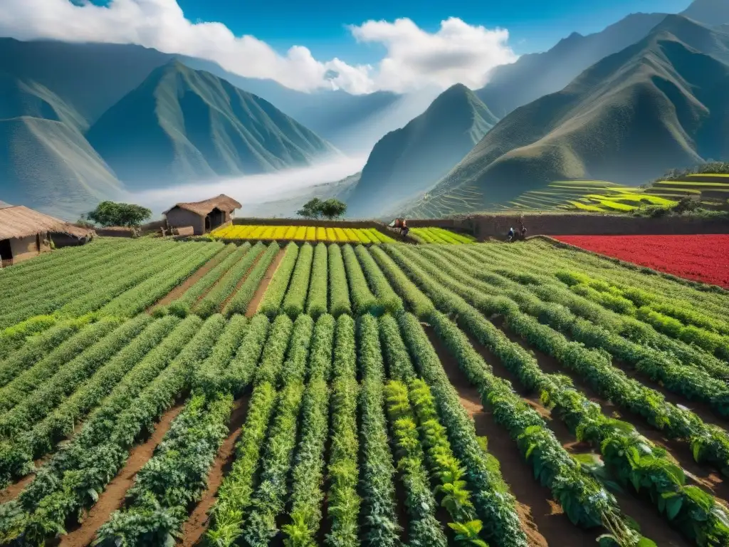 Plantación de ají en Perú: agricultores en los Andes cuidan cultivos de ají bajo el sol, demostrando resiliencia