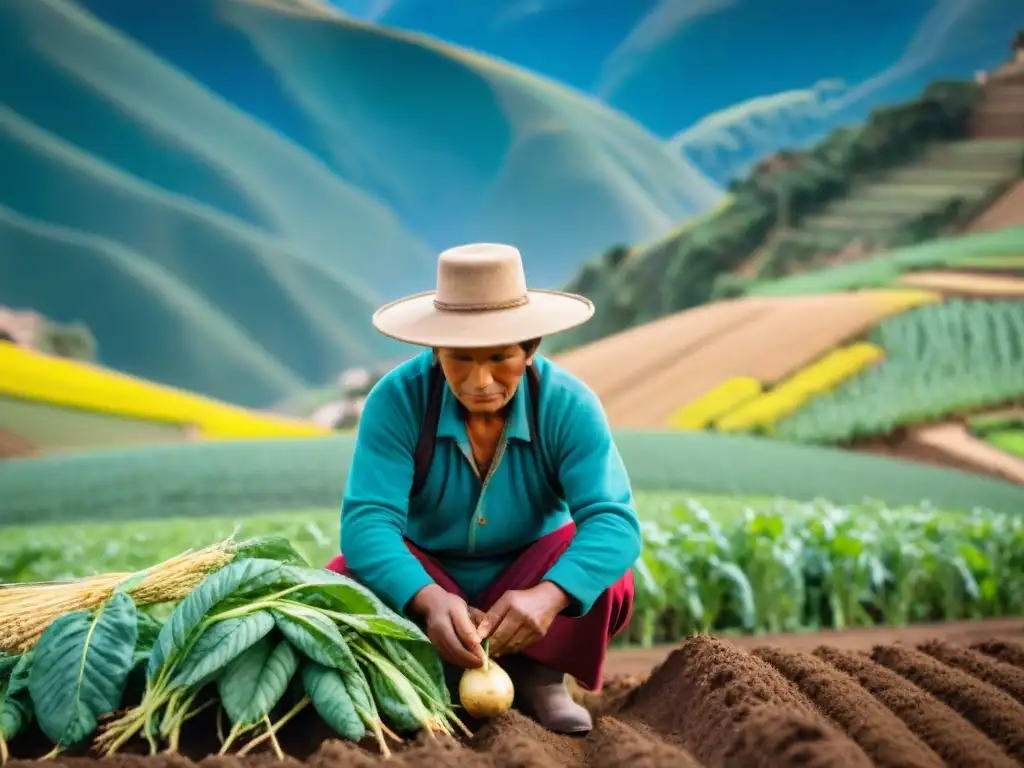 Agricultura biodinámica en Perú: Agricultores peruanos en los Andes, cuidando cultivos biodiversos bajo el cielo azul