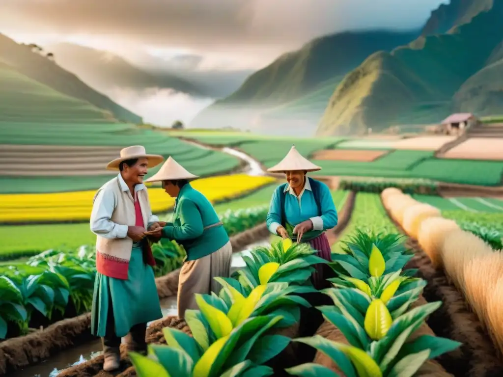 Agricultura sostenible en Perú: Campesinos peruanos trabajan juntos en un campo verde, plantando cultivos tradicionales al atardecer