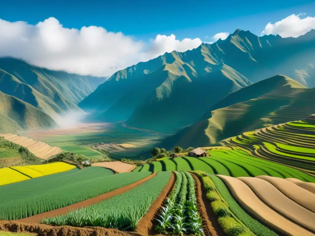 Agricultura sostenible en Perú: Campesinos plantando semillas en un valle verde y vibrante bajo el cielo azul