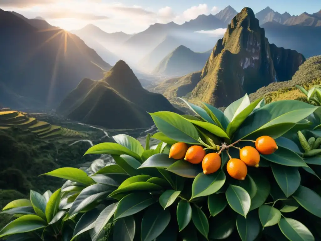 Un aguaymanto en plena floración con frutos anaranjados colgando de sus ramas, bajo la luz solar en los Andes