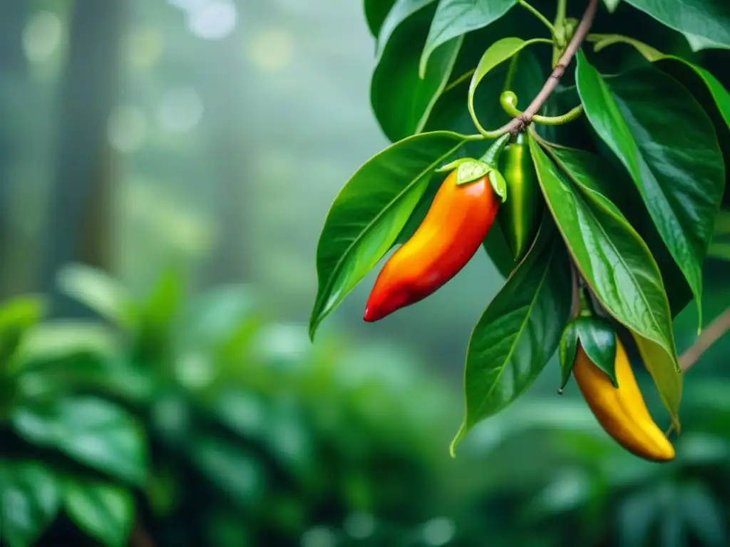 Ají Charapita en la gastronomía peruana: Detalle vibrante de pimientos amarillo-naranja en la exuberante selva amazónica