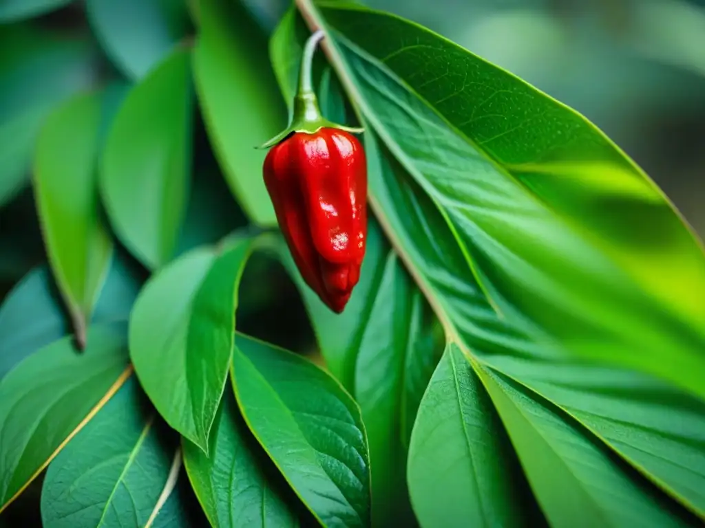 Un Aji Charapita rojo resplandeciente en la selva Amazónica peruana