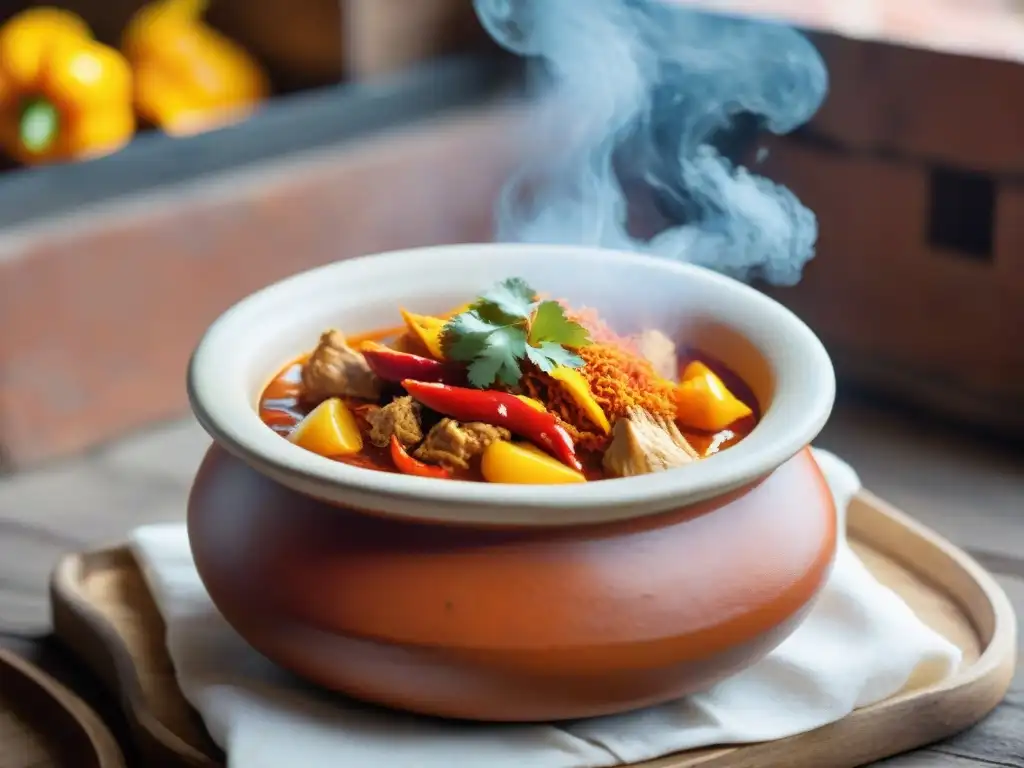 Sabores peruanos: Ají de gallina en olla de barro Un ají de gallina rojo vibrante en olla de barro, reflejando la esencia de Recetas tradicionales de comida peruana