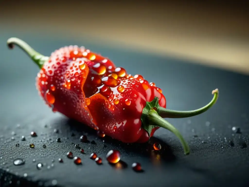 Un ají peruano rojo vibrante con gotas de agua, detalle único y color intenso