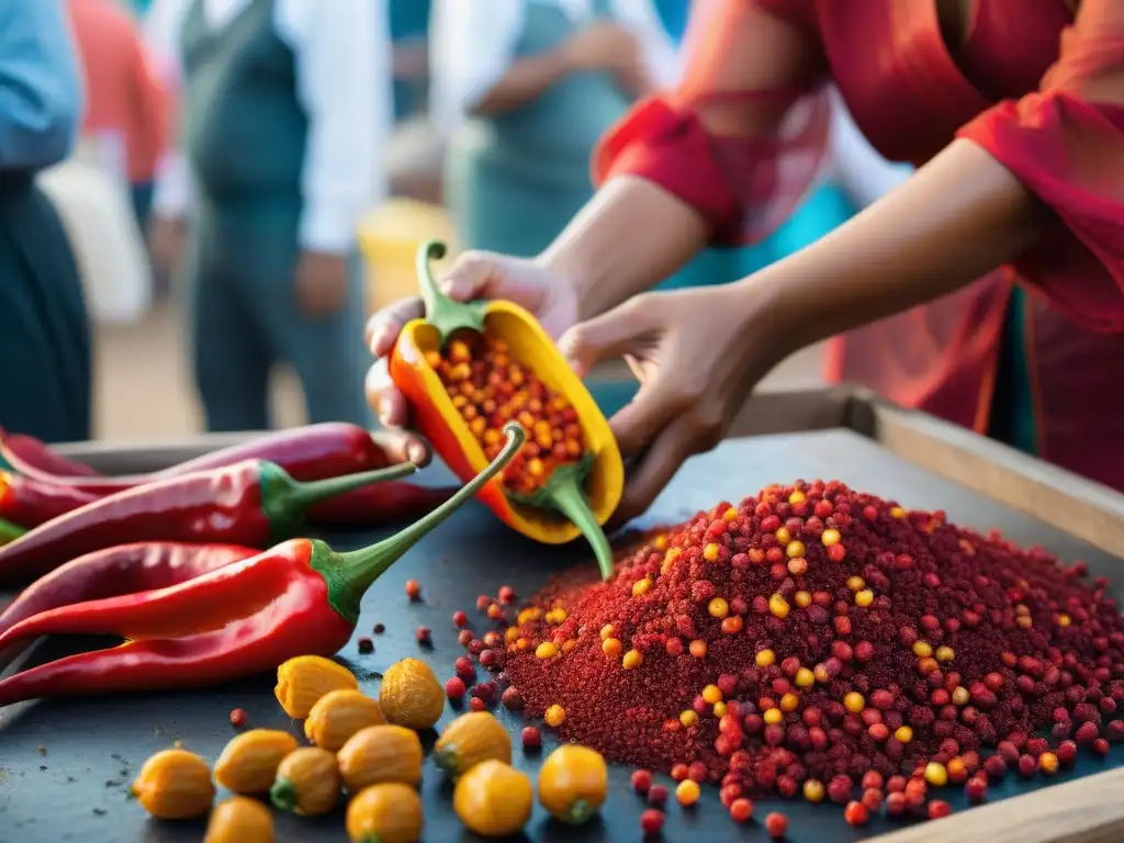 Un ají rojo vibrante cortado en el Festival del Ají en Tacna, revelando sus semillas y carne, en un bullicioso mercado