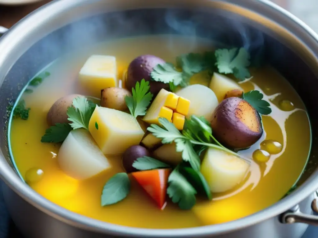 Ajiaco de papas estilismo comida: Caliente y reconfortante guiso colombiano con papas, maíz, pollo y hierbas en un caldo vibrante