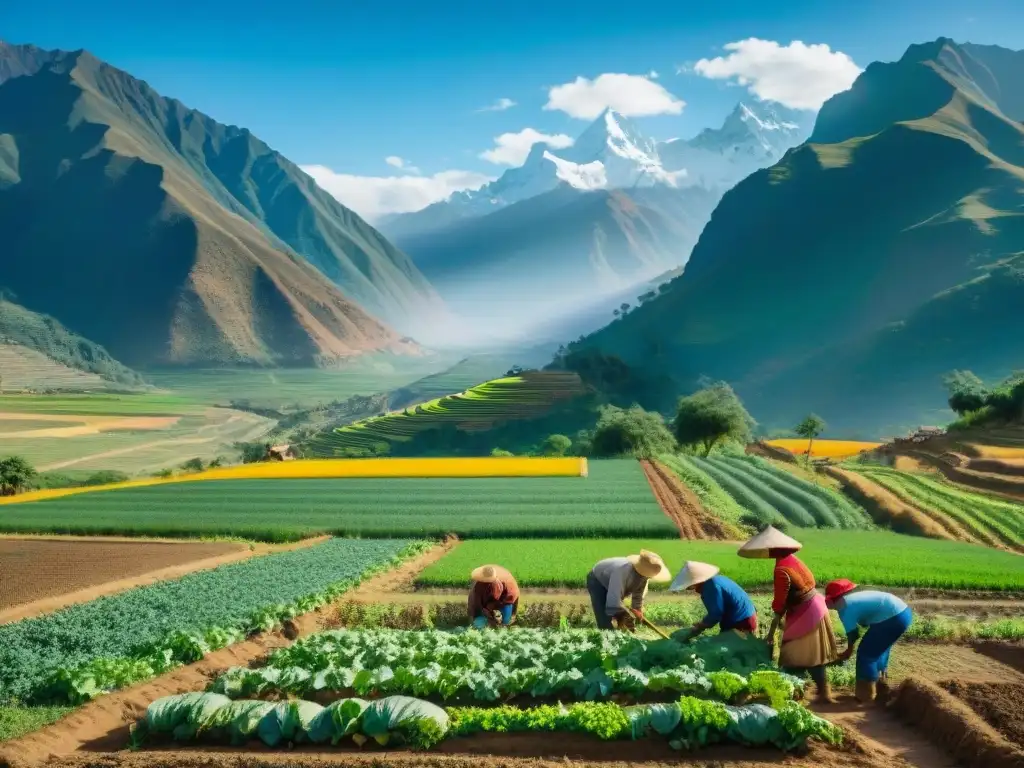 Alegre escena de agricultores locales cultivando hortalizas en el Valle Sagrado, mostrando la gastronomía sostenible en Valle Sagrado