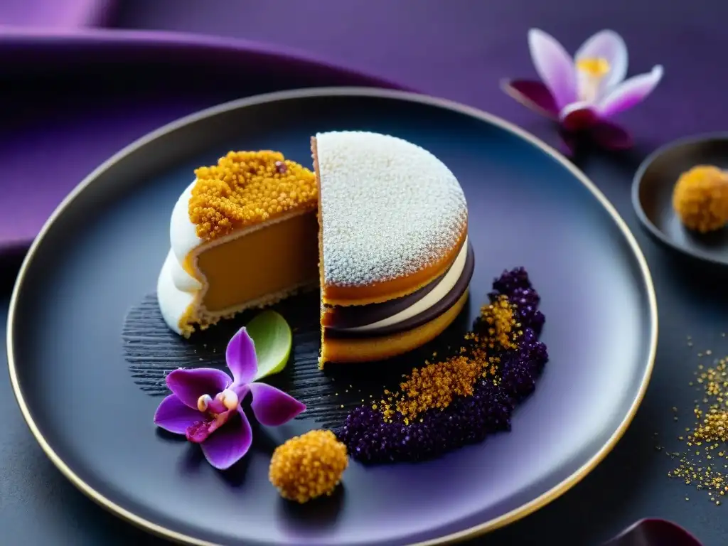 Un alfajor deconstruido con dulce de leche, quinua crujiente y polvo de maíz morado, en un elegante plato negro sobre textiles andinos