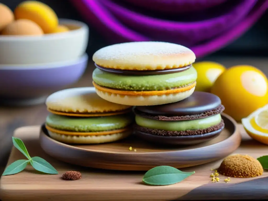 Un alfajor peruano fusionado internacionalmente rodeado de ingredientes y textiles peruanos vibrantes en una presentación elegante