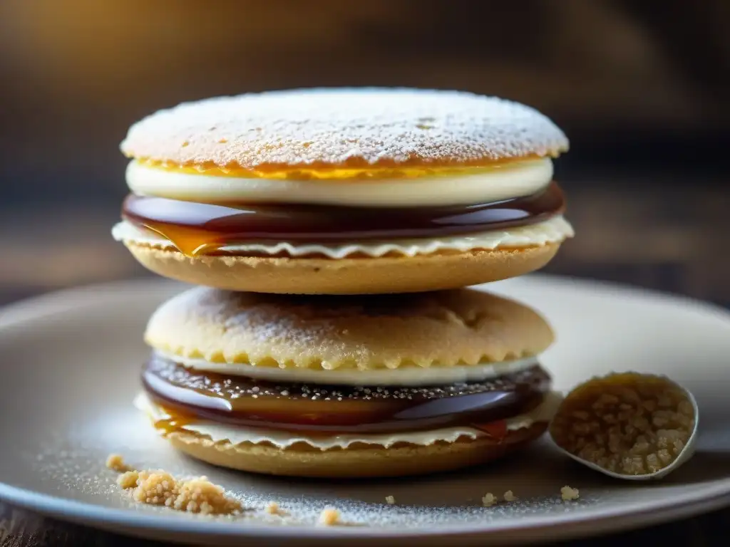 Un Alfajor de Quinua recién horneado, relleno de dulce de leche y espolvoreado con azúcar glas