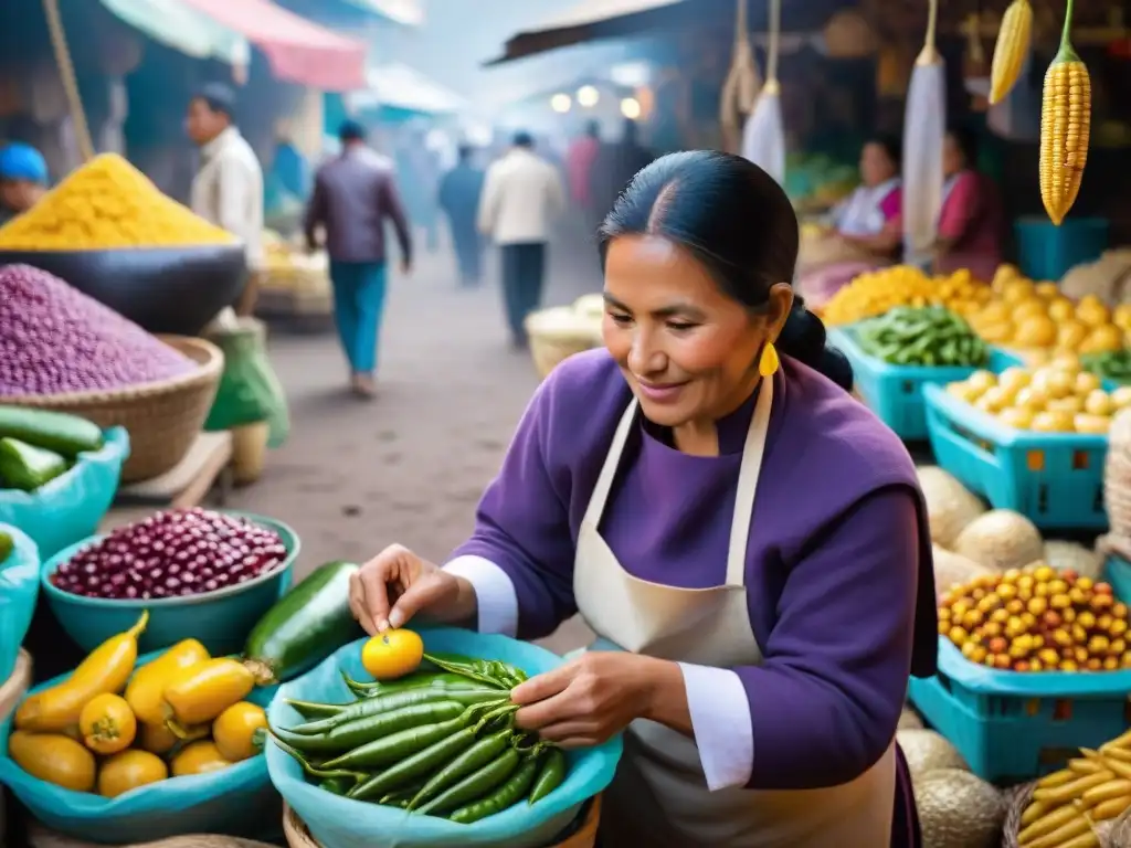 Fotografía de alimentos peruanos en un bullicioso mercado, destacando maíz morado, fruta de lúcuma y ajíes amarillos